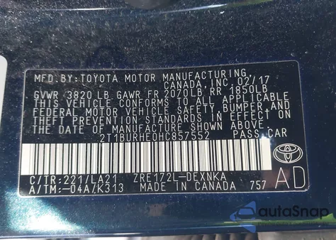 2017 Toyota Corolla Xle from USA, damaged, VIN 2T1BURHE0HC857552